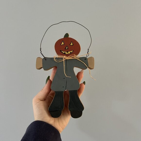 Folk Art Style Halloween Sign Pumpkin Man Primitive Wood Painted Hanging Art - Picture 1 of 7